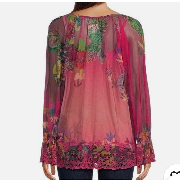 NWT JOHNNY WAS
Mazzy Floral Print Contrast Embroidered Mesh Split Peasant Blouse - Picture 5 of 7